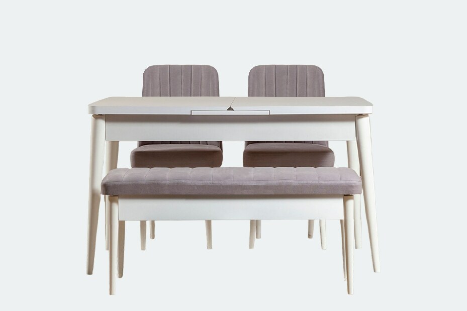 Masă de sufragerie extensibilă cu 2 scaune și bancă Vlasta (alb + gri)