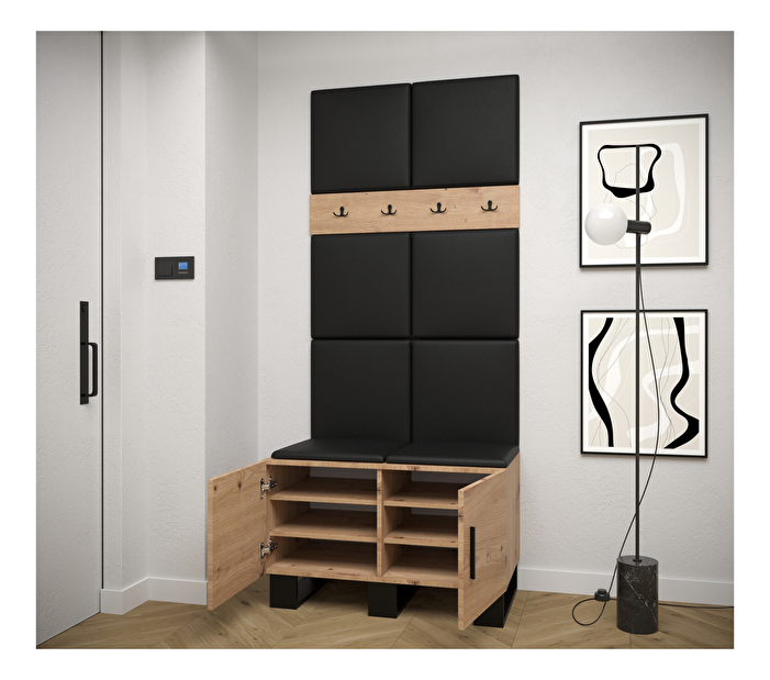 Set mobilier pentru hol Amanda 4 (Stejar artisan + piele ecologică Negru)