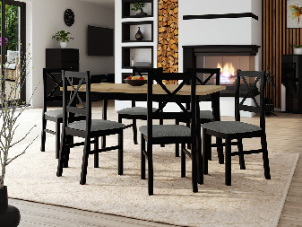 Masă cu 6 scaune Mirjan Amici (stejar artisan + negru + gri)