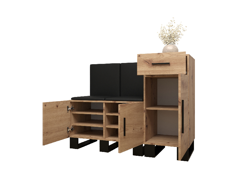 Set mobilier pentru hol Amanda 18 (Stejar artisan + piele ecologică Negru)