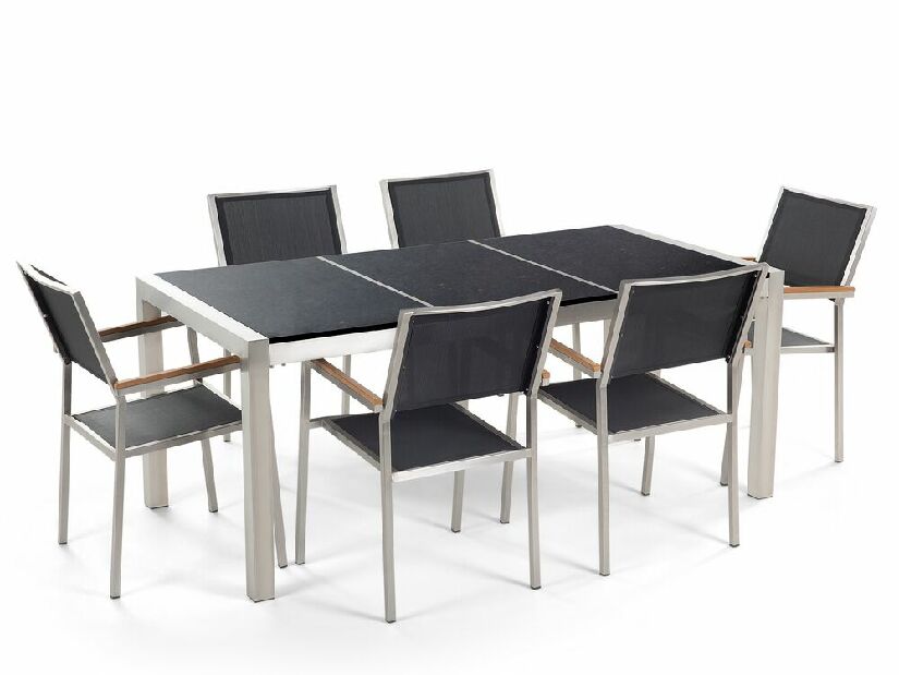 Set de masă pentru grădină Grosso (piatră naturală) (scaune negre)
