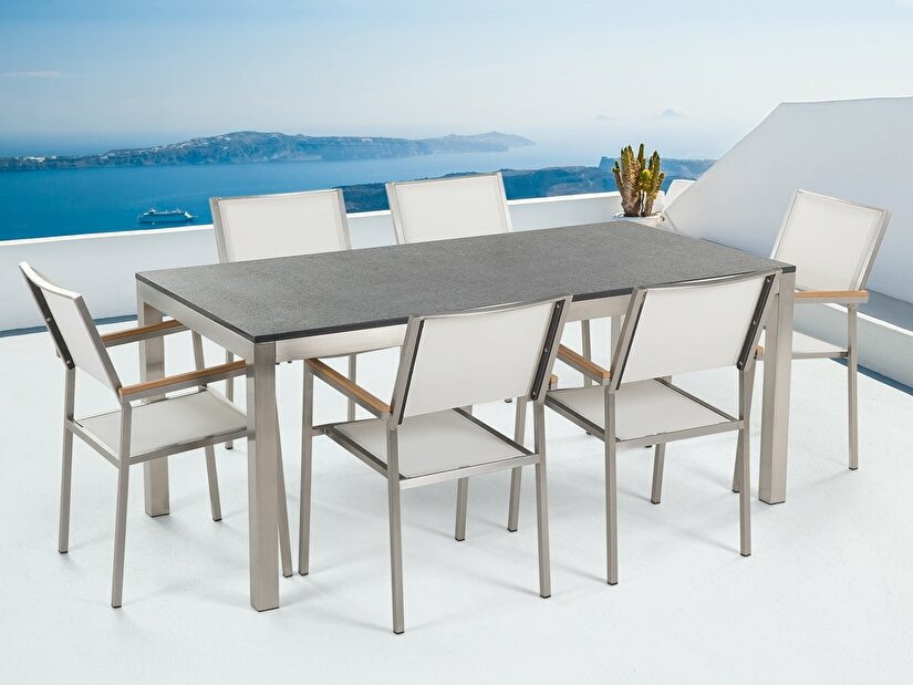 Set de masă pentru grădină Grosso (gri + grafit) (scaune albe) (ca și întreg) (pentru 6 persoane) (granit)