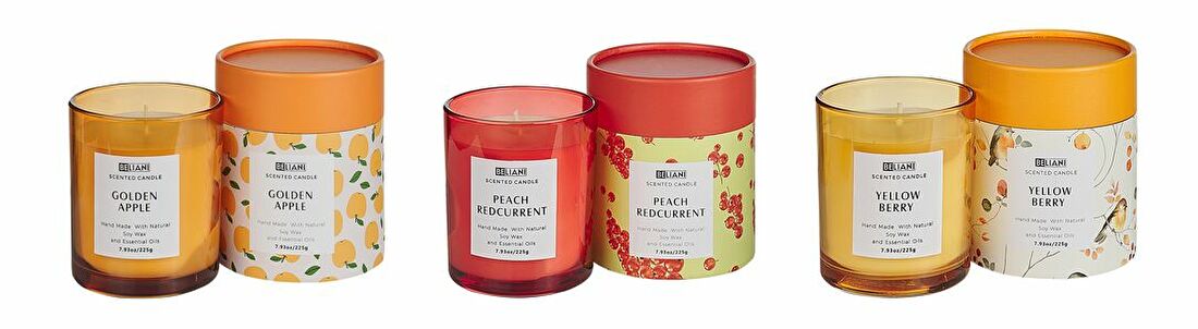 Set de 3 lumânări parfumate cu piersici și coacăze roșii/ fructe de pădure galbene/ mere Baldomero (galben)