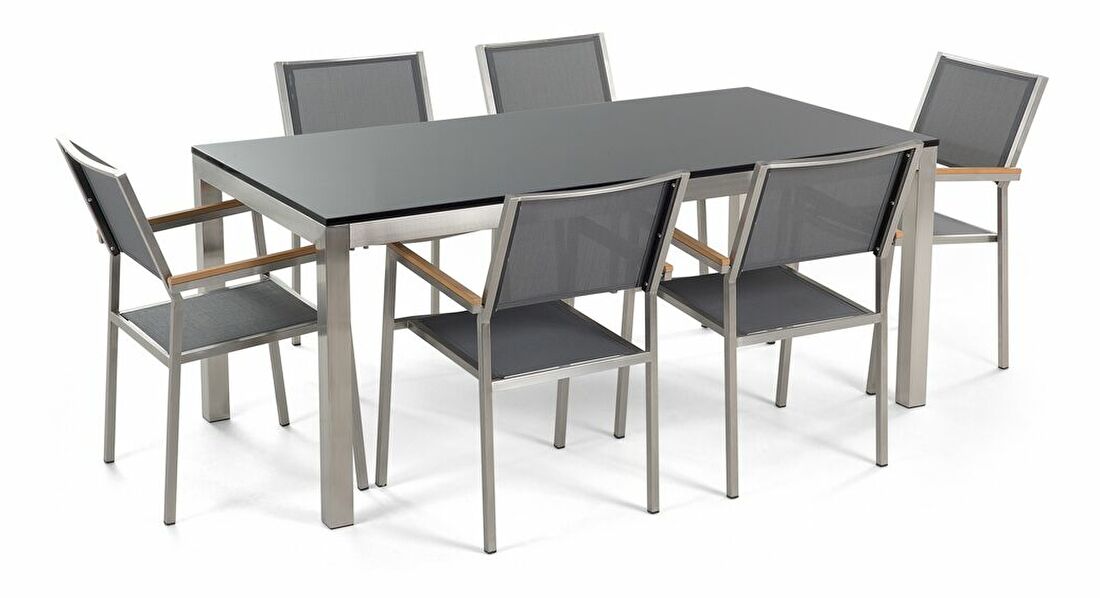 Set de masă pentru grădină Grosso (negru + grafit) (scaune gri) (pentru 6 persoane) (piatră)