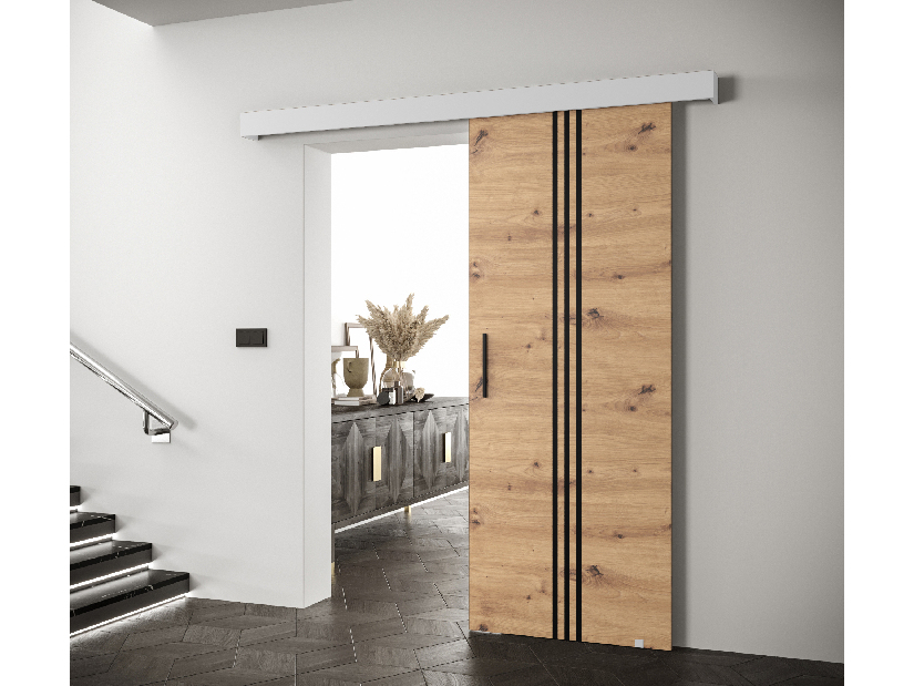 Uși culisante 90 cm Sharlene V (stejar artisan + alb mat + negru)