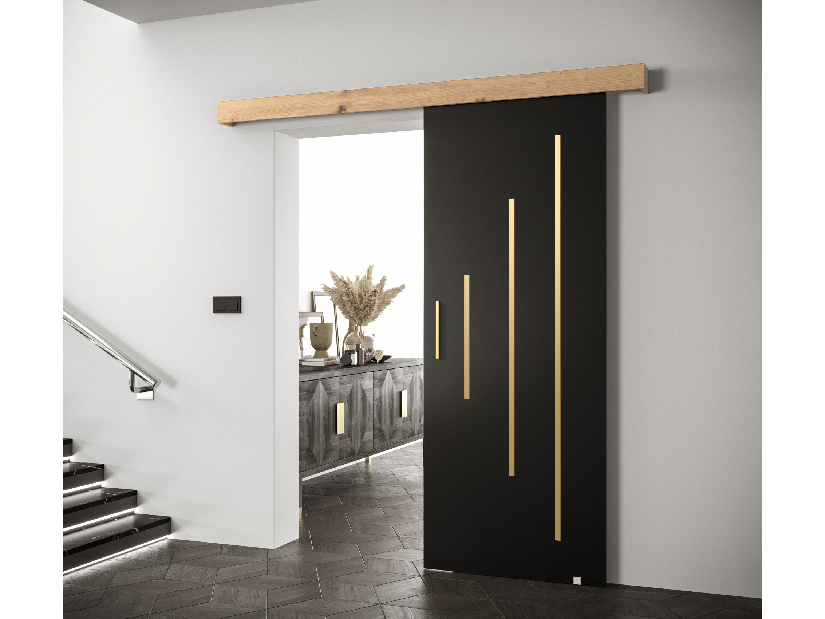 Uși culisante 90 cm Sharlene Y (negru mat + stejar artisan + auriu)