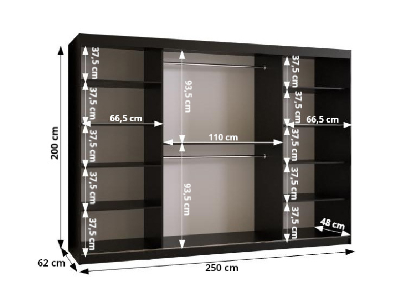 Dulap de haine Riven 2 250 (alb mat + negru mat) (cu oglindă)