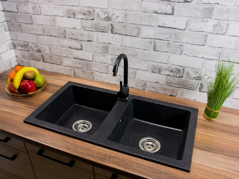 Chiuvetă de bucătărie Byrbys (negru + textură) (cu 2 orificii pentru robinet)