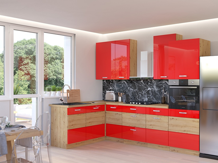 Bucătărie de colț Arryn 275 + 170 cm (stejar artisan + roșu)