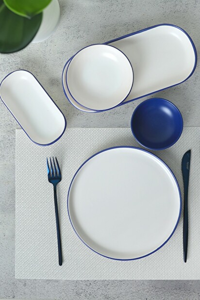 Set farfurii mic dejun (18 buc.) Mono (Albastru + Alb)