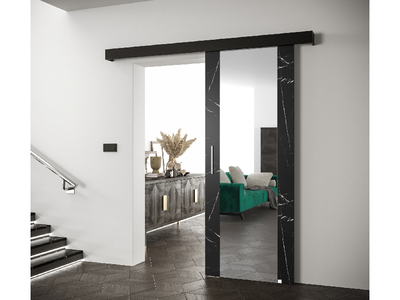 Uși culisante 90 cm Sharlene II (marmură negru + negru mat + argintiu) (cu oglindă)