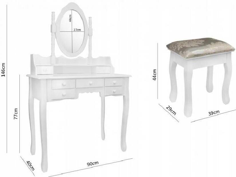 Masă de toaletă cu taburete Pompadour (Alb)