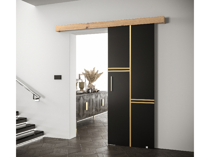 Uși culisante 90 cm Sharlene VIII (negru mat + stejar artisan + auriu)