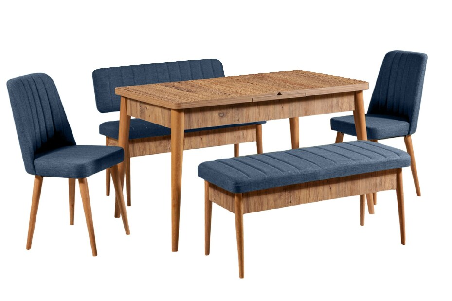 Masă de sufragerie extensibilă cu 2 scaune și 2 bănci Vlasta (pin antlantic + albastru închis)