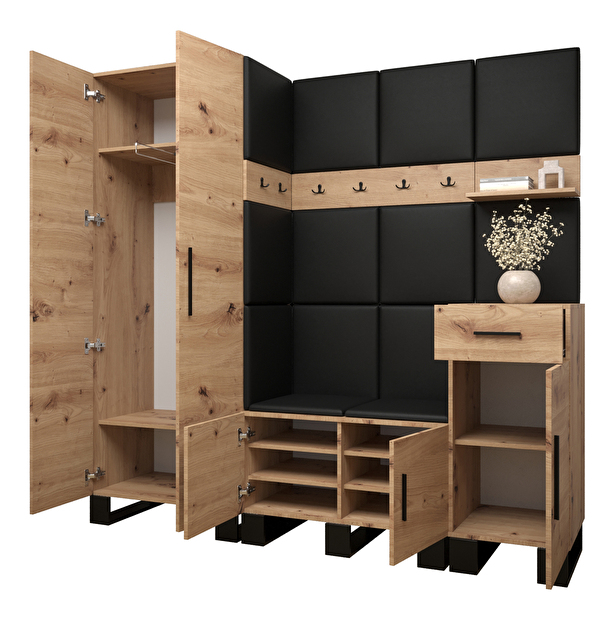 Set mobilier pentru hol Amanda 1 (Stejar artisan + piele ecologică Negru)