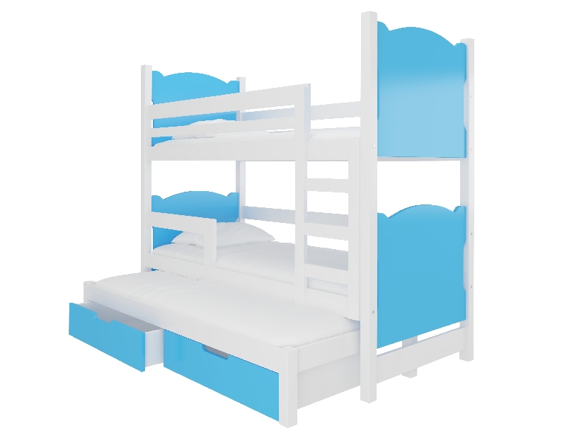 Pat etajat pentru copii 180x75 cm Lukrécia (cu somieră și saltea) (Alb + Albastru)