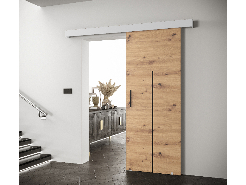 Uși culisante 90 cm Sharlene X (stejar artisan + alb mat + negru)