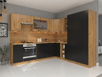 Bucătărie de colț Miraluna (stejar artisan + negru mat)