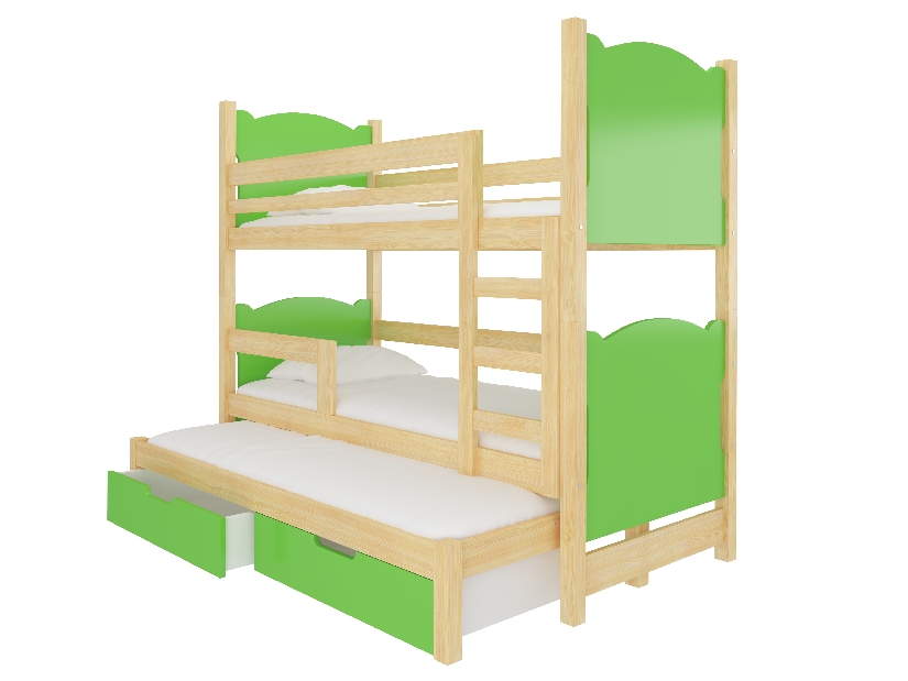 Pat etajat pentru copii 180x75 cm Lukrécia (cu somieră și saltea) (Pin + Verde)