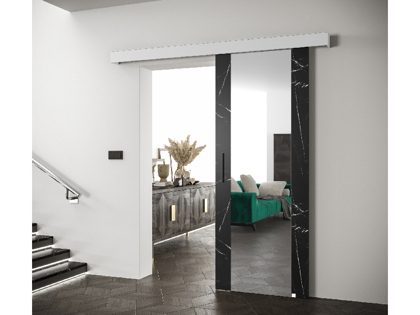 Uși culisante 90 cm Sharlene II (marmură negru + alb mat + negru) (cu oglindă)