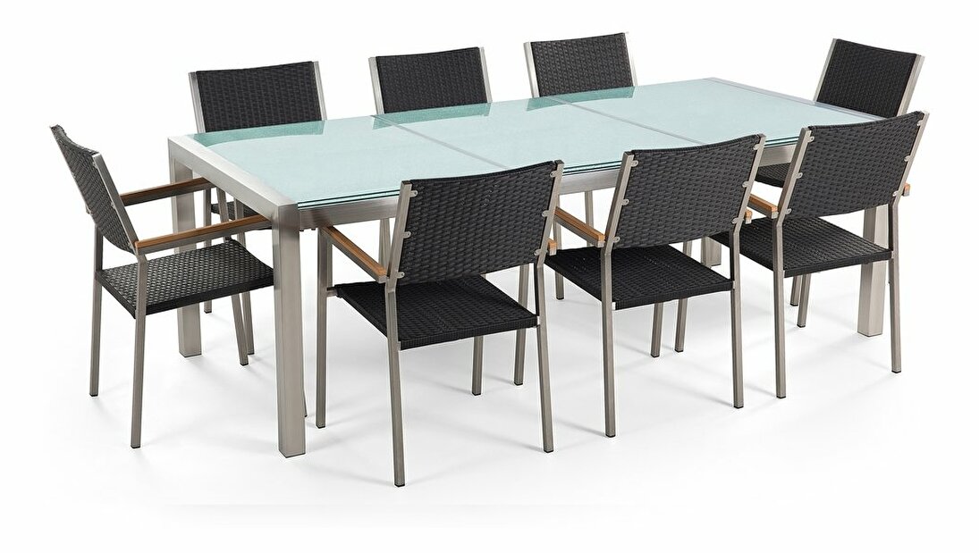 Set de masă pentru grădină Grosso (negru) (blat din sticlă 210x100 cm) (scaune din ratan)