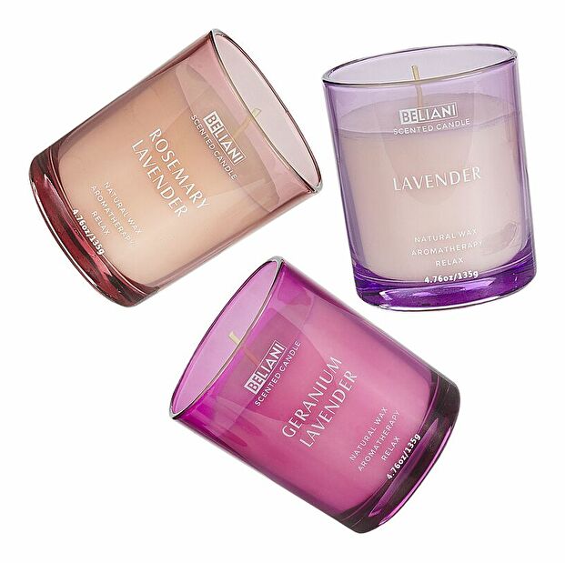 Set de 3 lumânări parfumate cu aromă de levănțică/rosmarin și lavandă/geraniu și lavandă Joyza (roz)