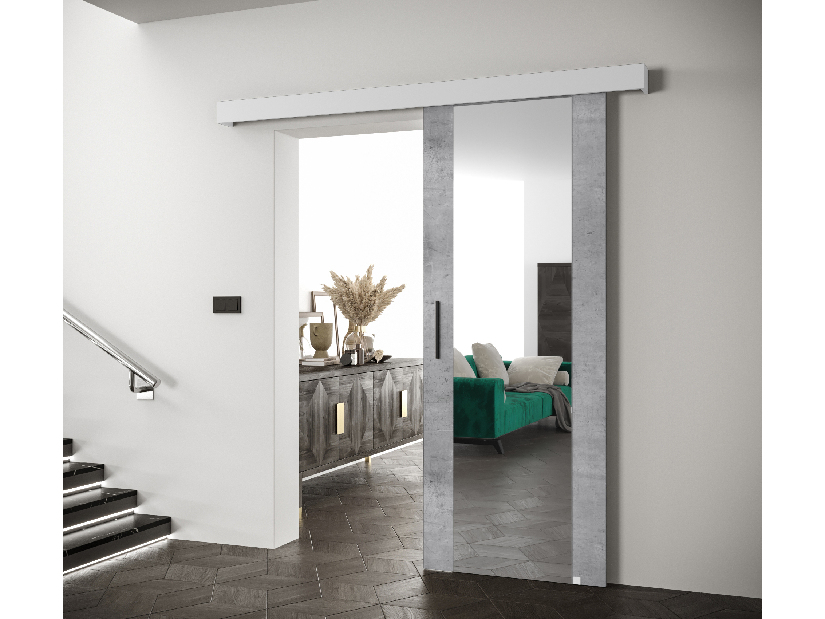 Uși culisante 90 cm Sharlene II (beton deschis + alb mat + negru) (cu oglindă)
