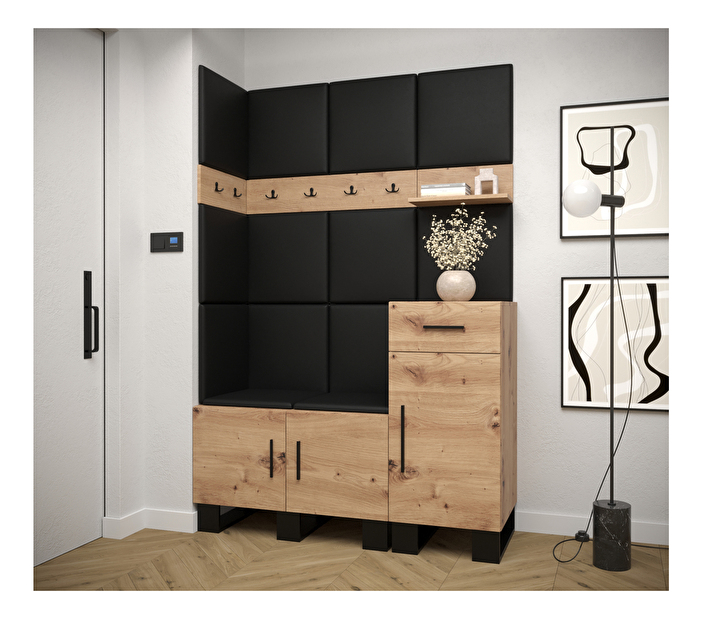 Set mobilier pentru hol Amanda 10 (Stejar artisan + piele ecologică Negru)