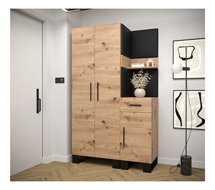 Set mobilier pentru hol Amanda 6 (Stejar artisan + piele ecologică Negru)