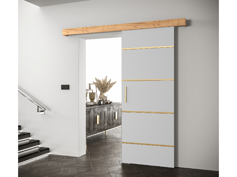Uși culisante 90 cm Sharlene IV (alb mat + stejar artisan + auriu)