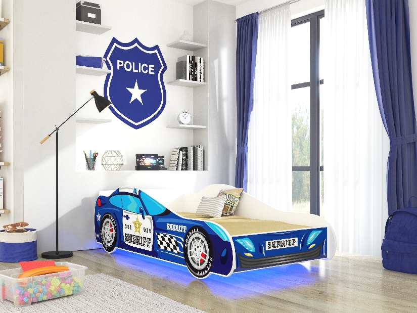 Pat pentru copii 140x70 cm Șerif (cu somieră și saltea) (Albastru)