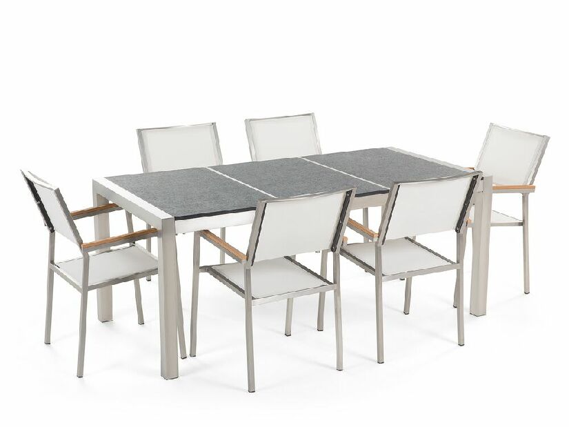 Set de masă pentru grădină Grosso (gri + grafit) (scaune albe) (pentru 6 persoane) (granit)