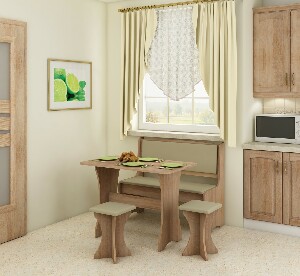Set masă scaune pentru sufragerie Joette stejar sonoma deschis + piele ecologică bej (cu taburete) (pentru 4 persoane)