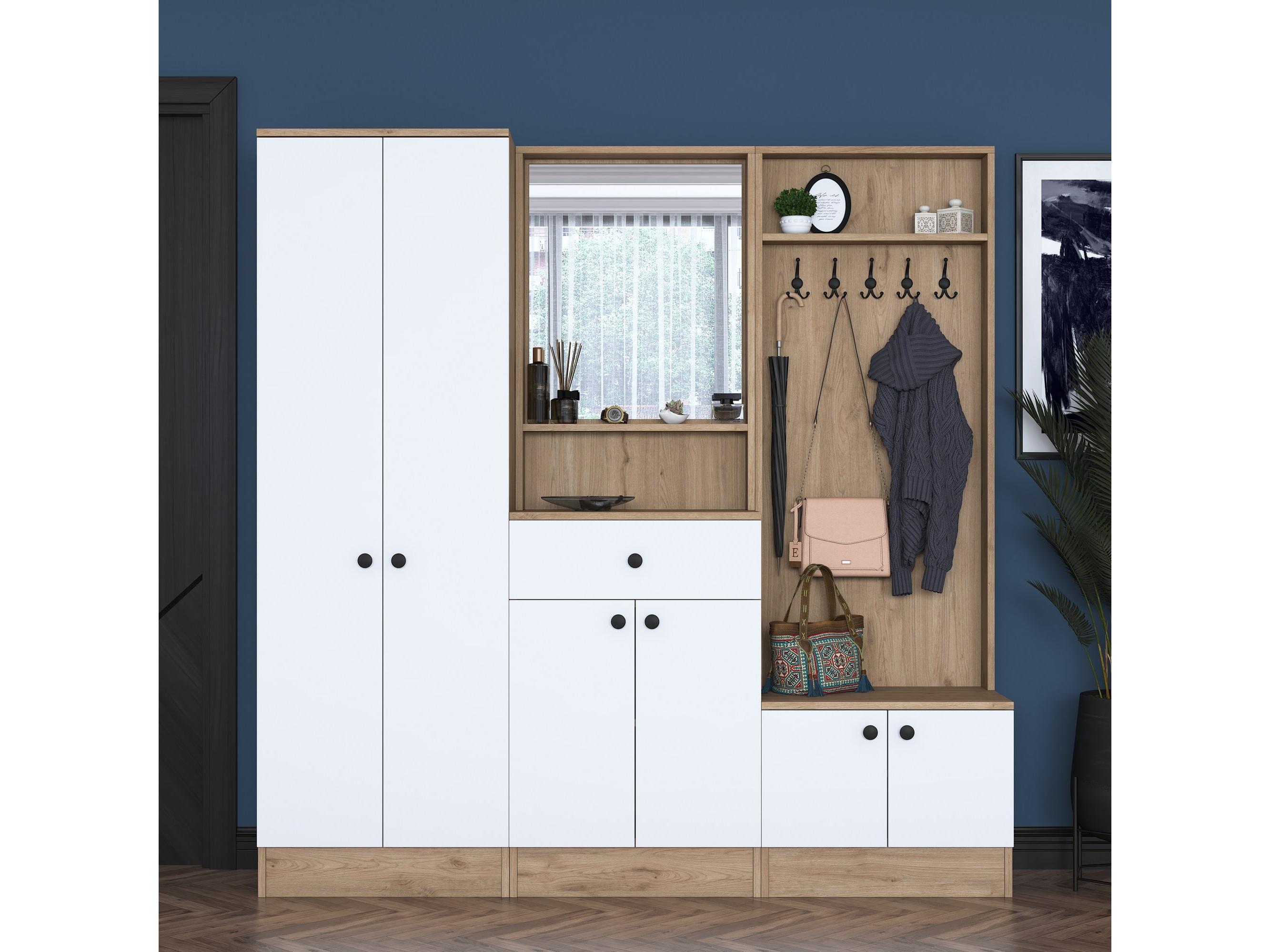 Mobilier hol Pixie 3 (alb + nuc) (cu oglindă)