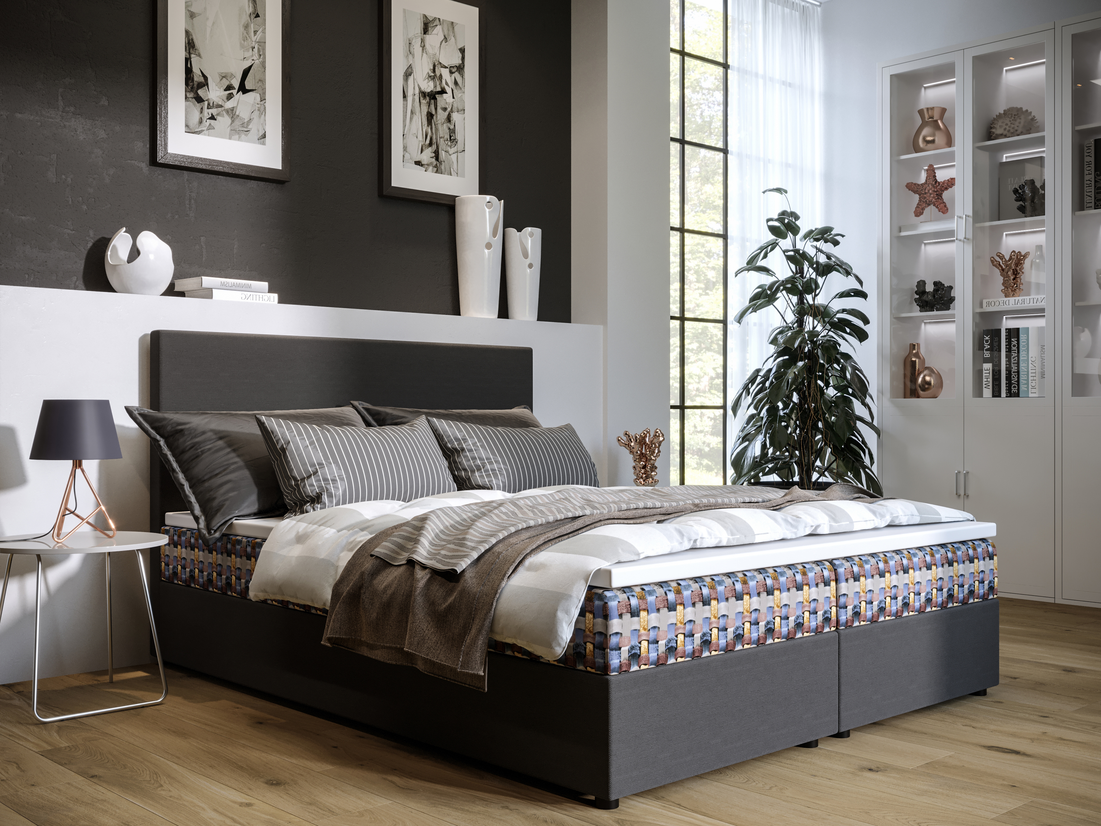 Pat matrimonial Boxspring 140 cm Skonto (gri deschis + motiv tricotat) ( cu saltea și sp. depozitare)