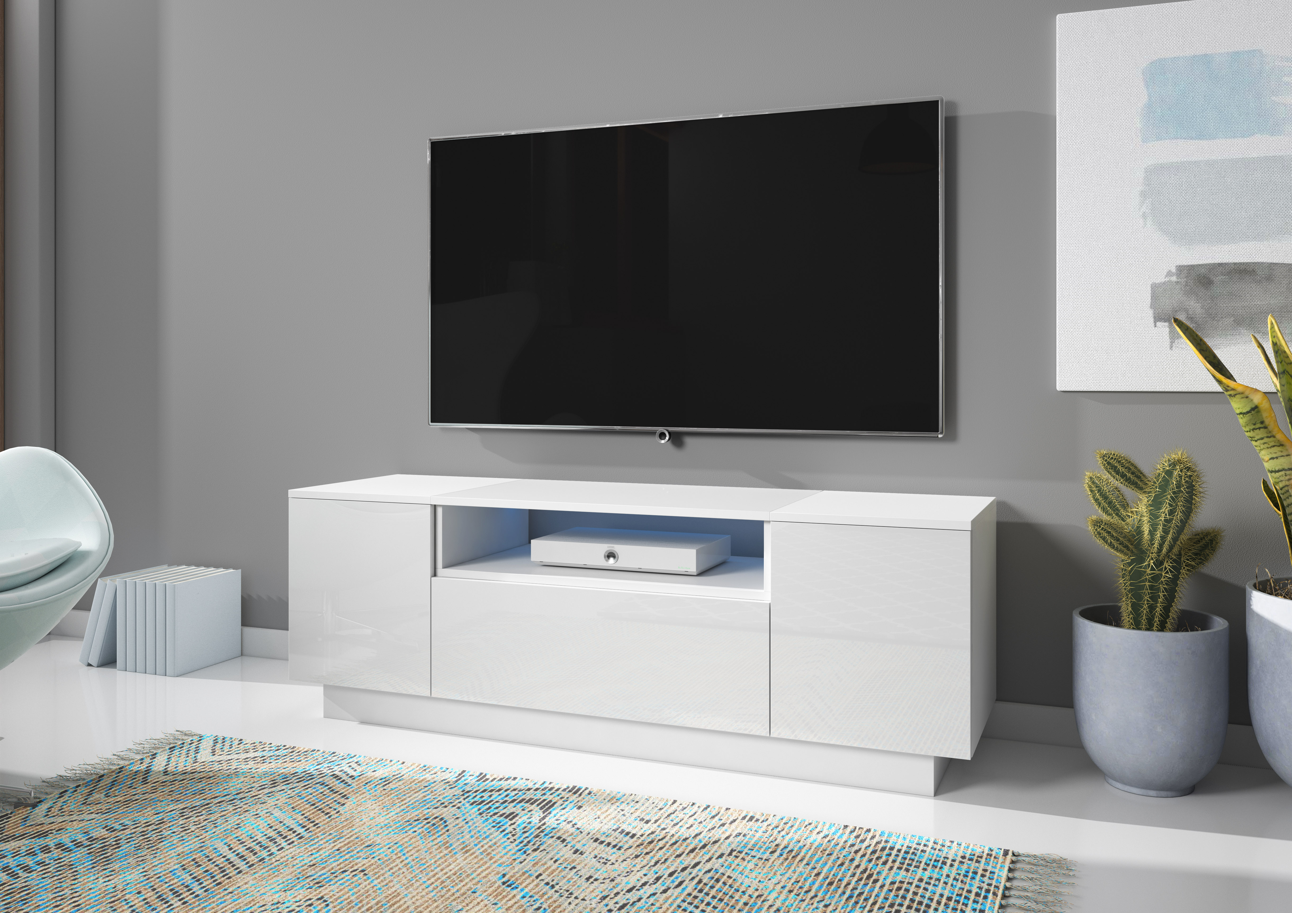 Masă TV/Comodă Box (alb + alb lucios) | Zondo.ro