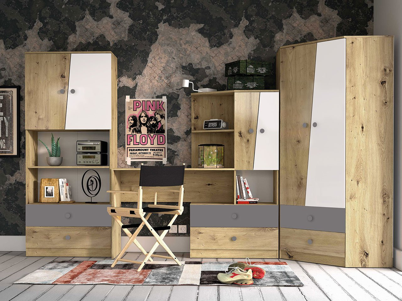 Mobilier cameră studenți Seraphina IV (stejar artisan + alb + gri)