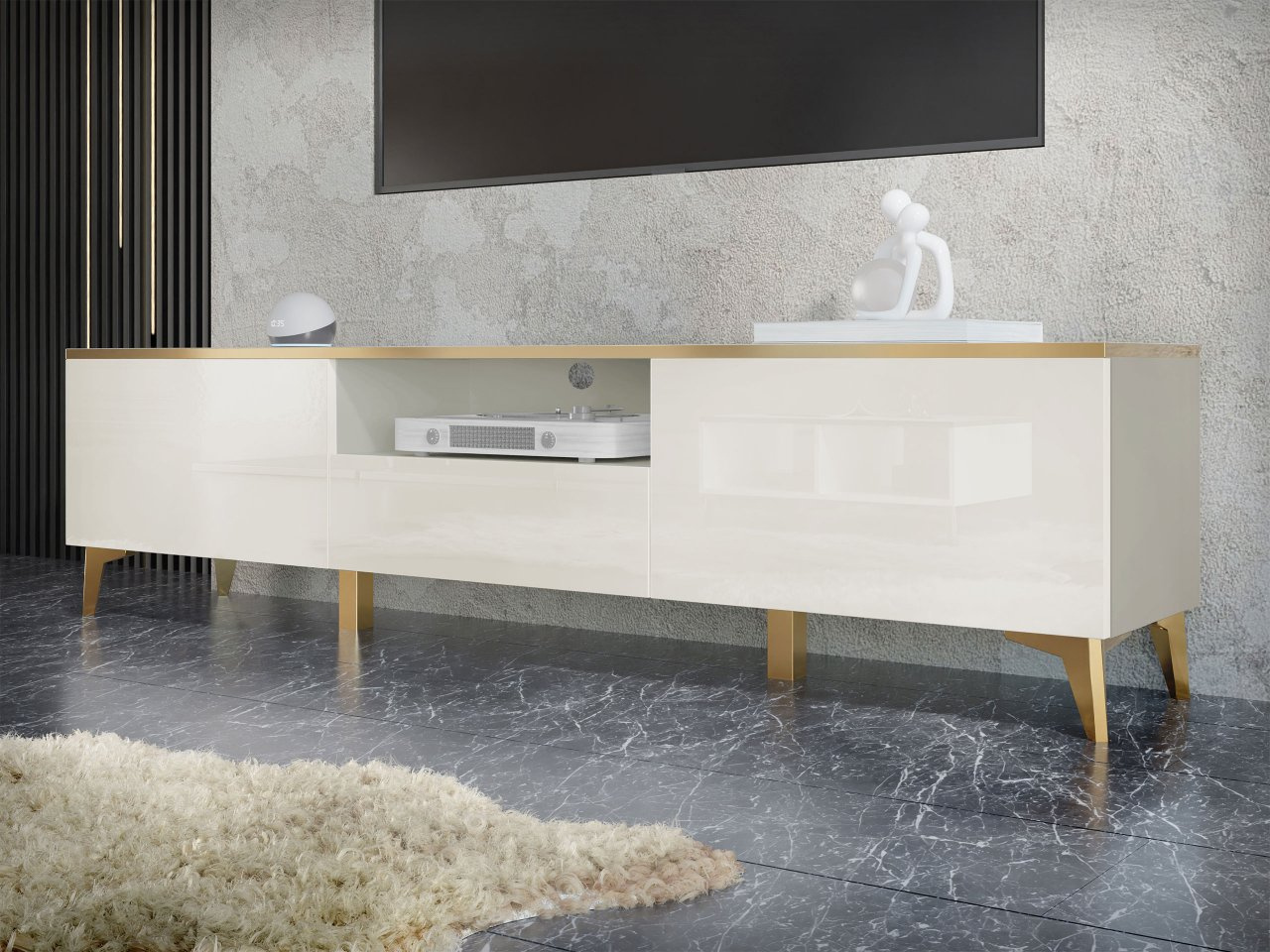 Masă TV Opuncia 2D1S (bej lucios + auriu)