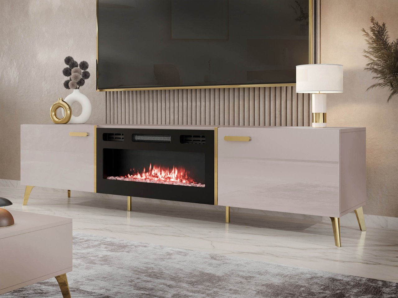Masă TV cu șemineu electric Rostasi EF (cashmir lucios + auriu)